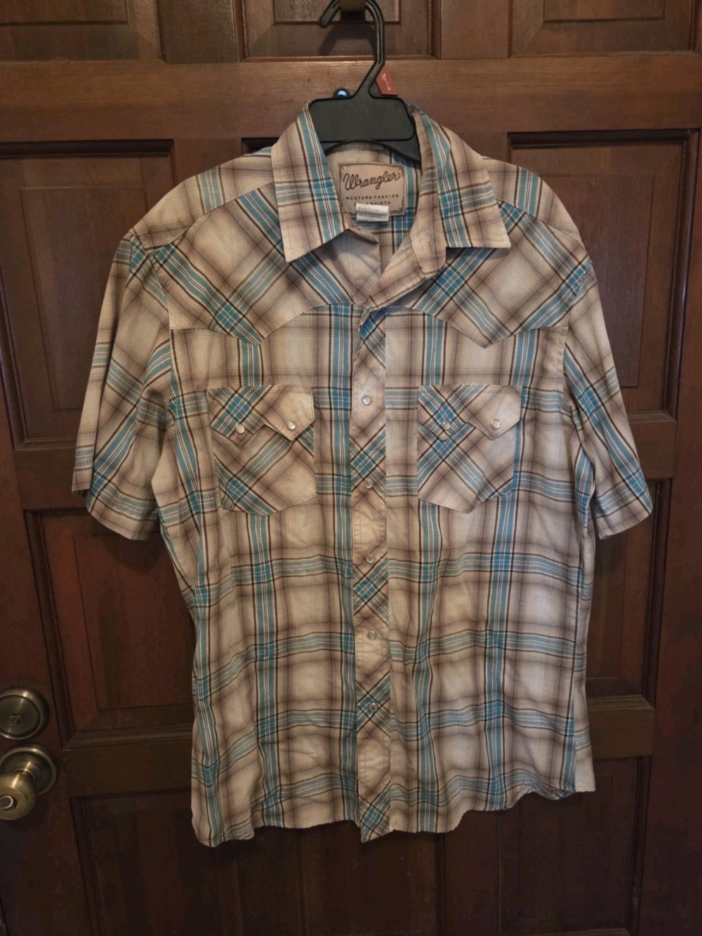 Wrangler Short Sleeve Plaid Button-Down Shirt - Blue & Cream